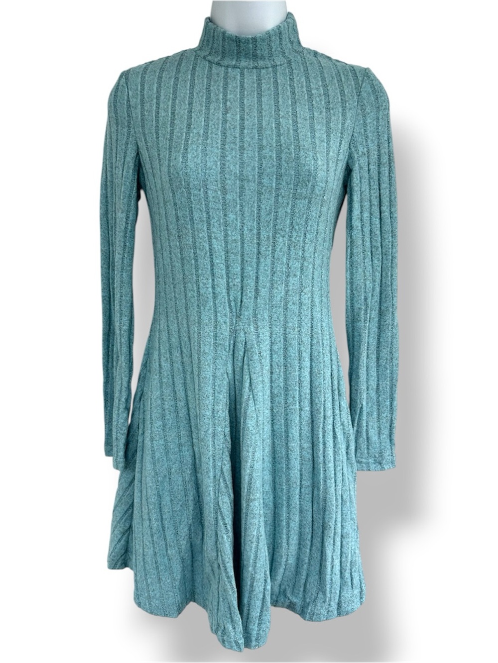 SHEIN Teal Ribbed Turtleneck Swing Dress